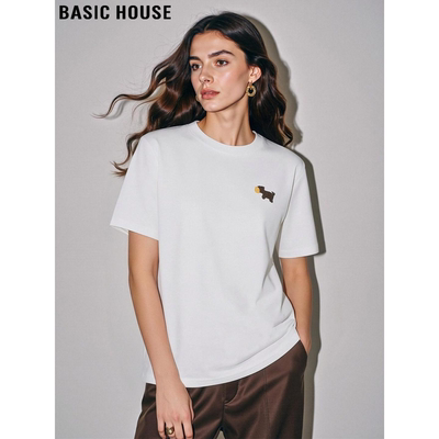 百家好白色刺绣圆领正肩短袖T恤