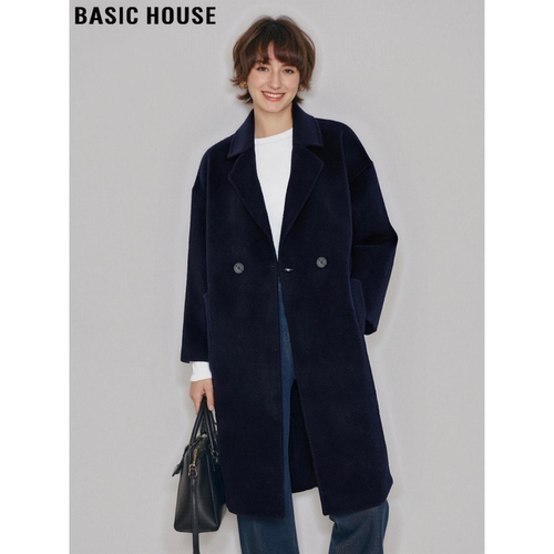 百家好金石蓝过膝廓形毛呢外套女