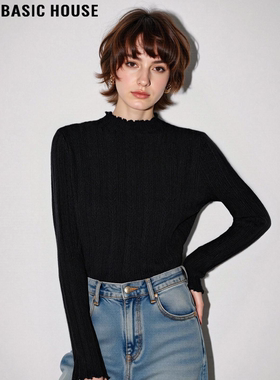 Basic House/百家好黑色半高领针织打底衫女冬内搭修身木耳边上衣