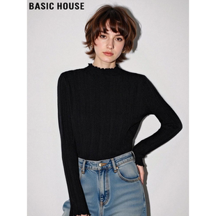 女春内搭修身 百家好黑色半高领针织打底衫 木耳边上衣 House Basic