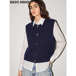 Basic House/百家好蓝色叠穿针织马甲女2026春季新款圆领坎肩背心