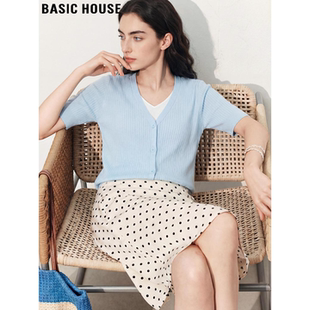 House 冰丝半袖 百家好V领假两件天丝针织短袖 薄款 T恤 女夏季 Basic