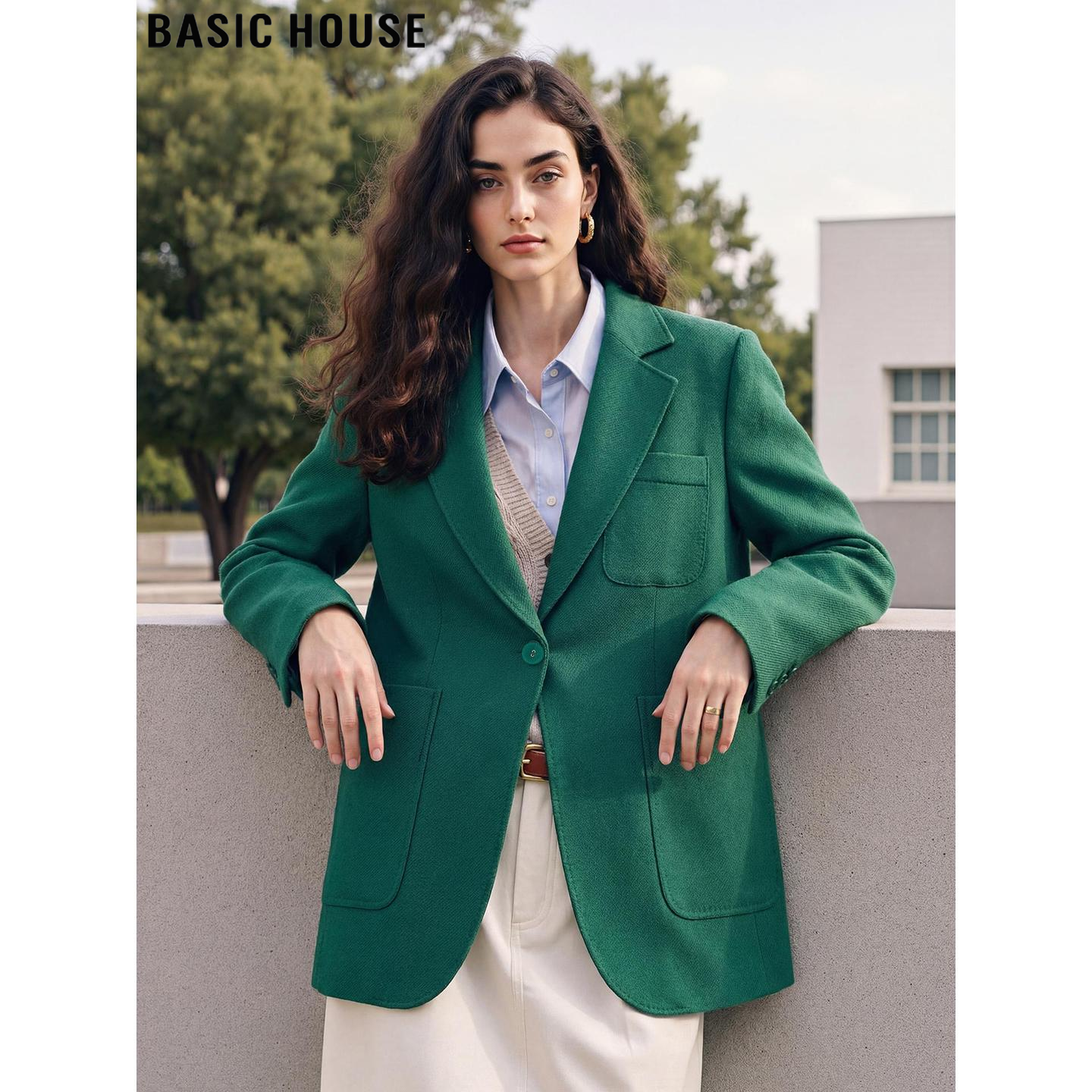Basic House/百家好绿色西装外套女士2026春季新款羊毛中长款西服,女装/女士精品,西装,淘宝优惠券,粉丝福利购,淘宝优惠卷