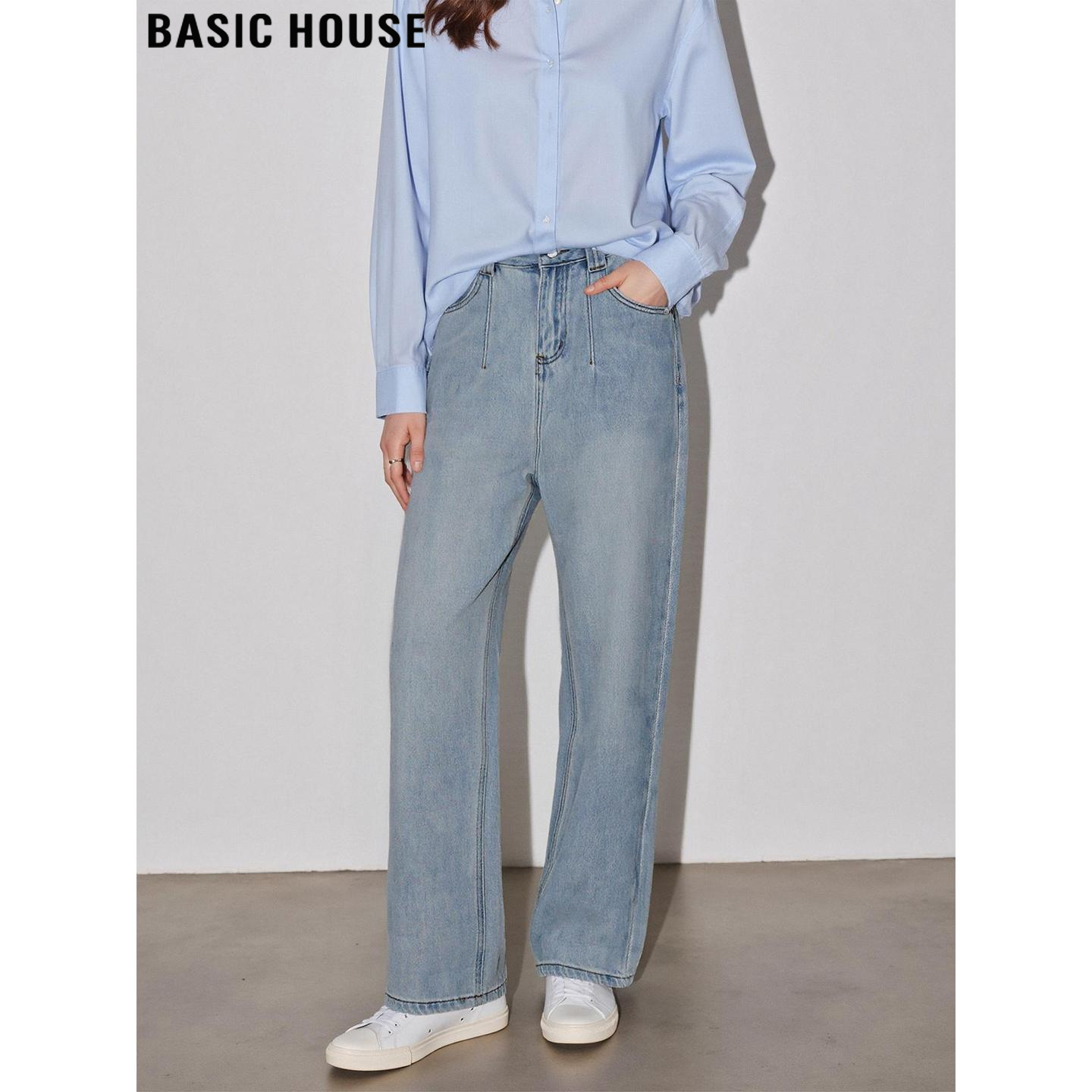 Basic House/百家好复古蓝加绒加厚阔腿牛仔裤女2025秋冬直筒长裤