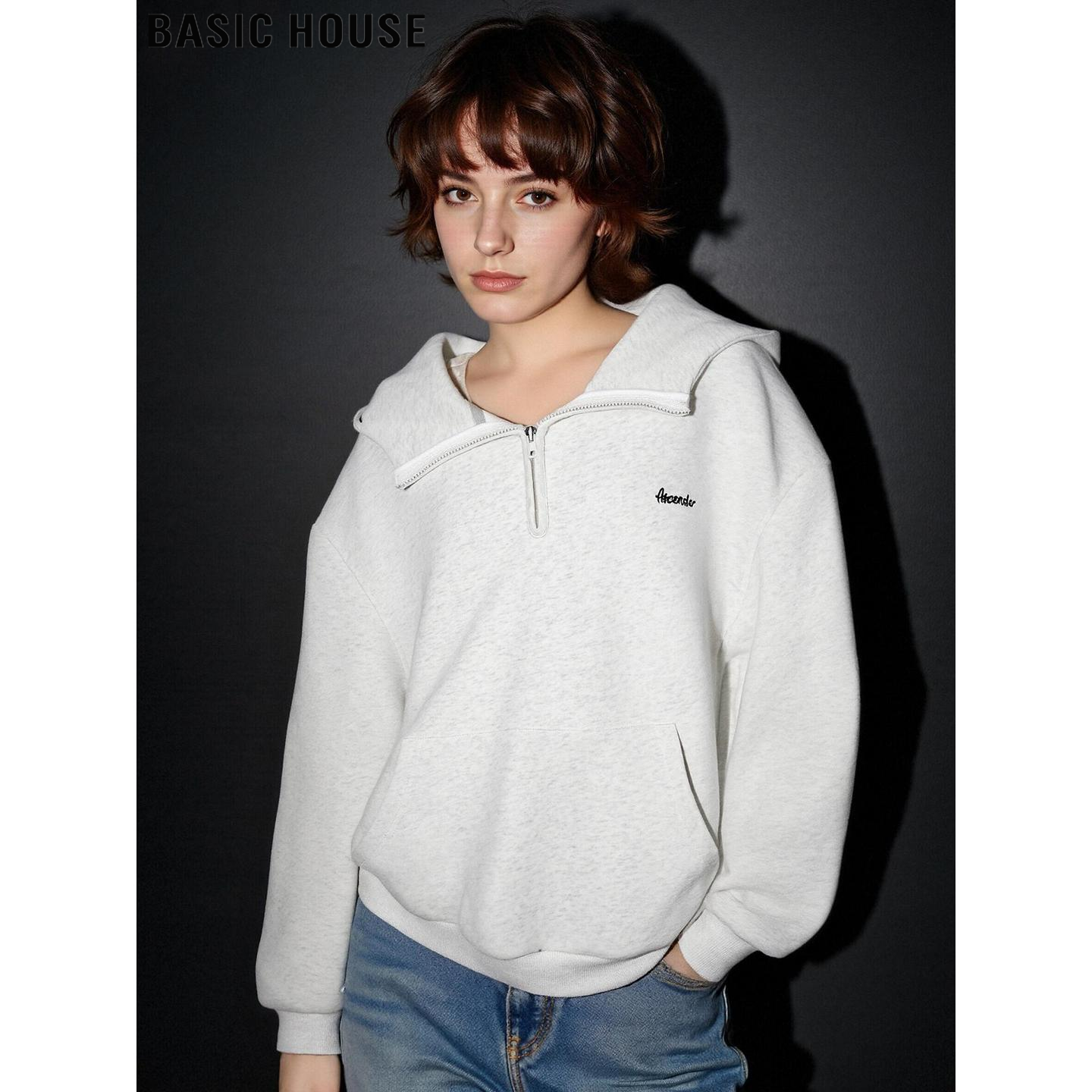 Basic House/百家好灰色半拉链连帽卫衣女冬美式复古宽松加厚上衣