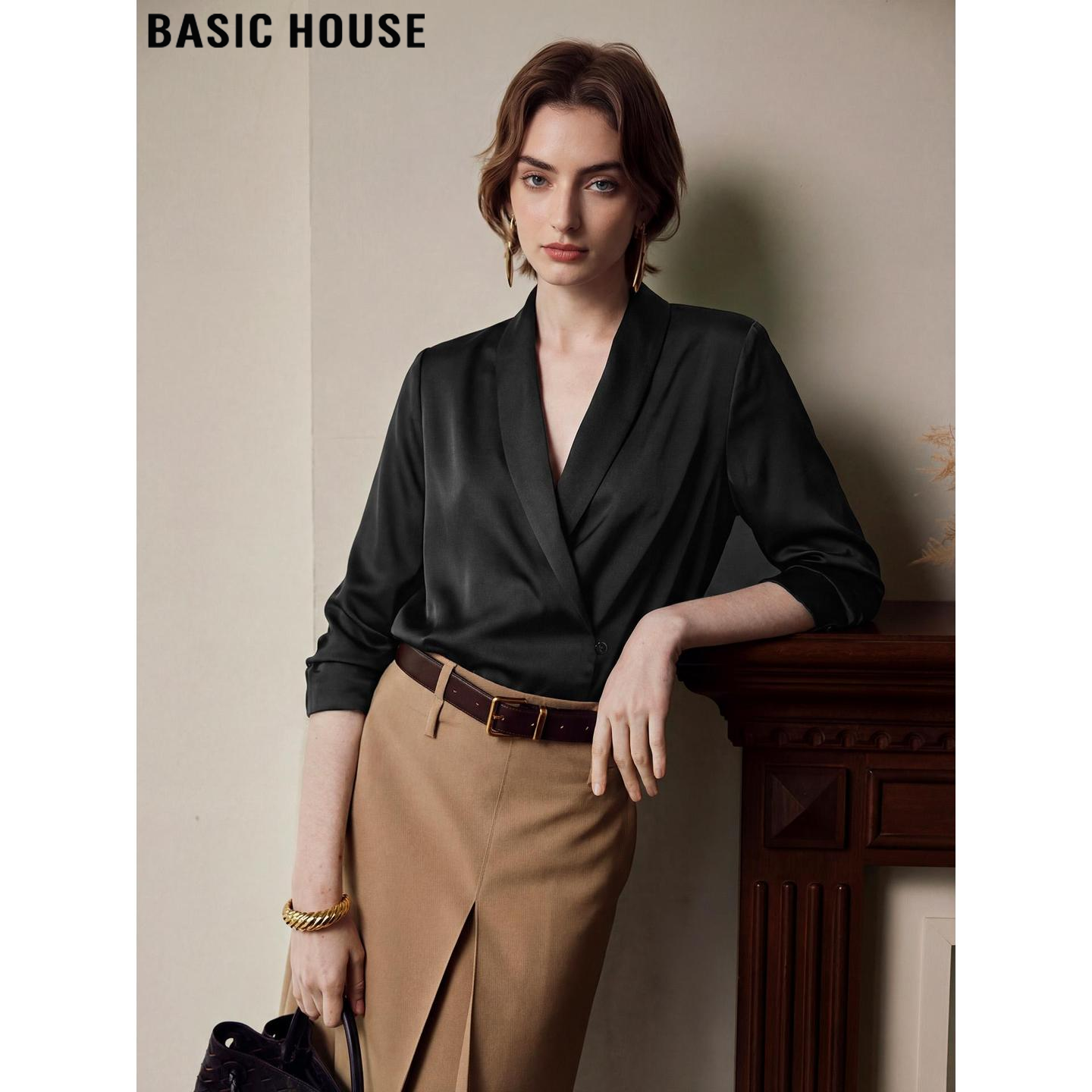 Basic House/百家好设计感黑色V领衬衫女2026春季新款高级感衬衣