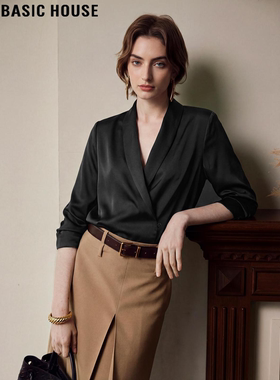 Basic House/百家好设计感黑色V领衬衫女2026春季新款高级感衬衣