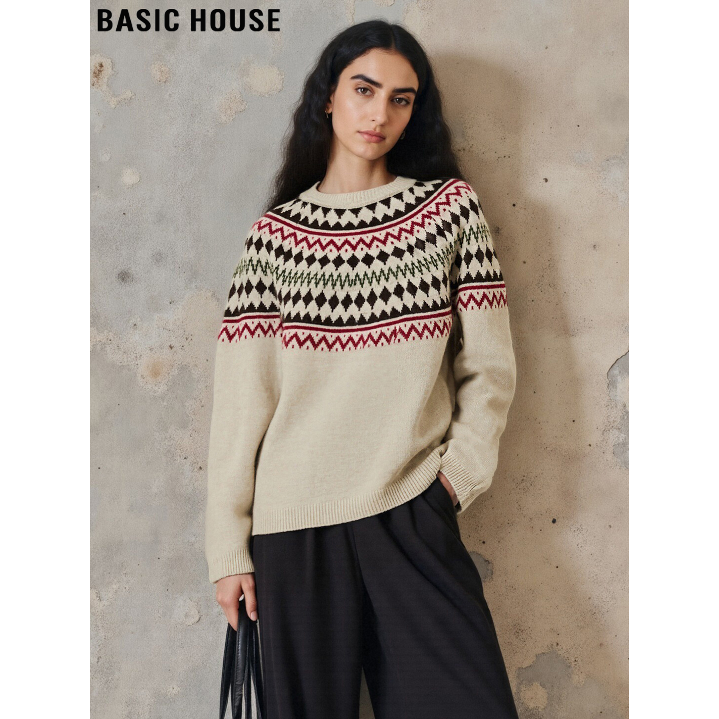 Basic House/百家好费尔岛提花打底毛衣女冬季宽松加厚保暖针织衫,女装/女士精品,毛衣,淘宝优惠券,粉丝福利购,淘宝优惠卷