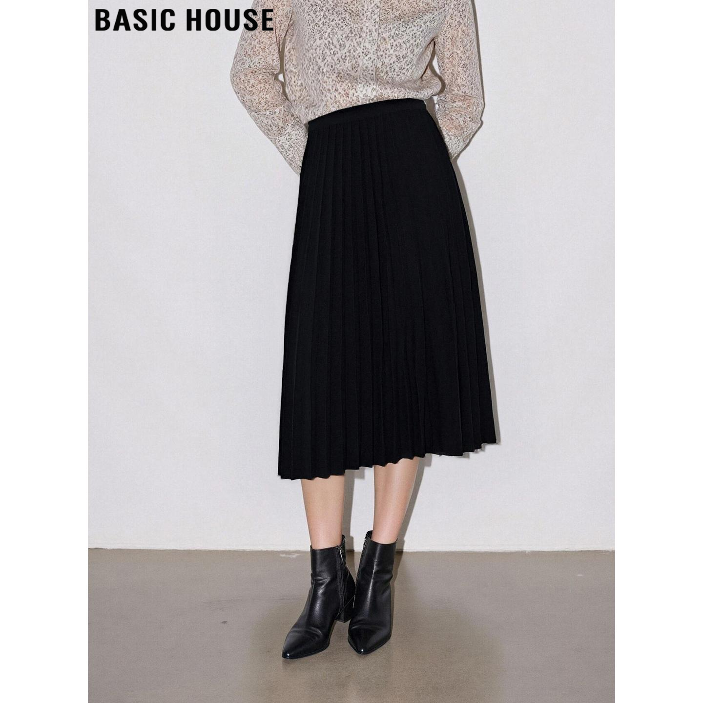 百家好黑色气质垂感百褶半身裙女