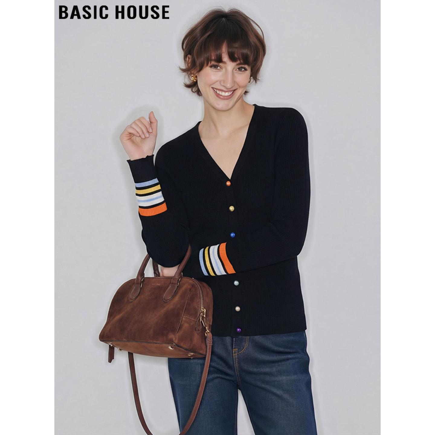 Basic House/百家好彩色纽扣V领针织开衫女2026春季新款修身打底,女装/女士精品,毛针织衫,淘宝优惠券,粉丝福利购,淘宝优惠卷