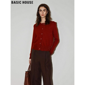 House 百家好复古酒红色绵羊毛针织开衫 女2025冬季 Basic 新款 毛衣