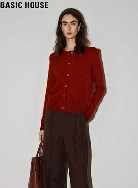 Basic House/百家好复古酒红色绵羊毛针织开衫女2025冬季新款毛衣