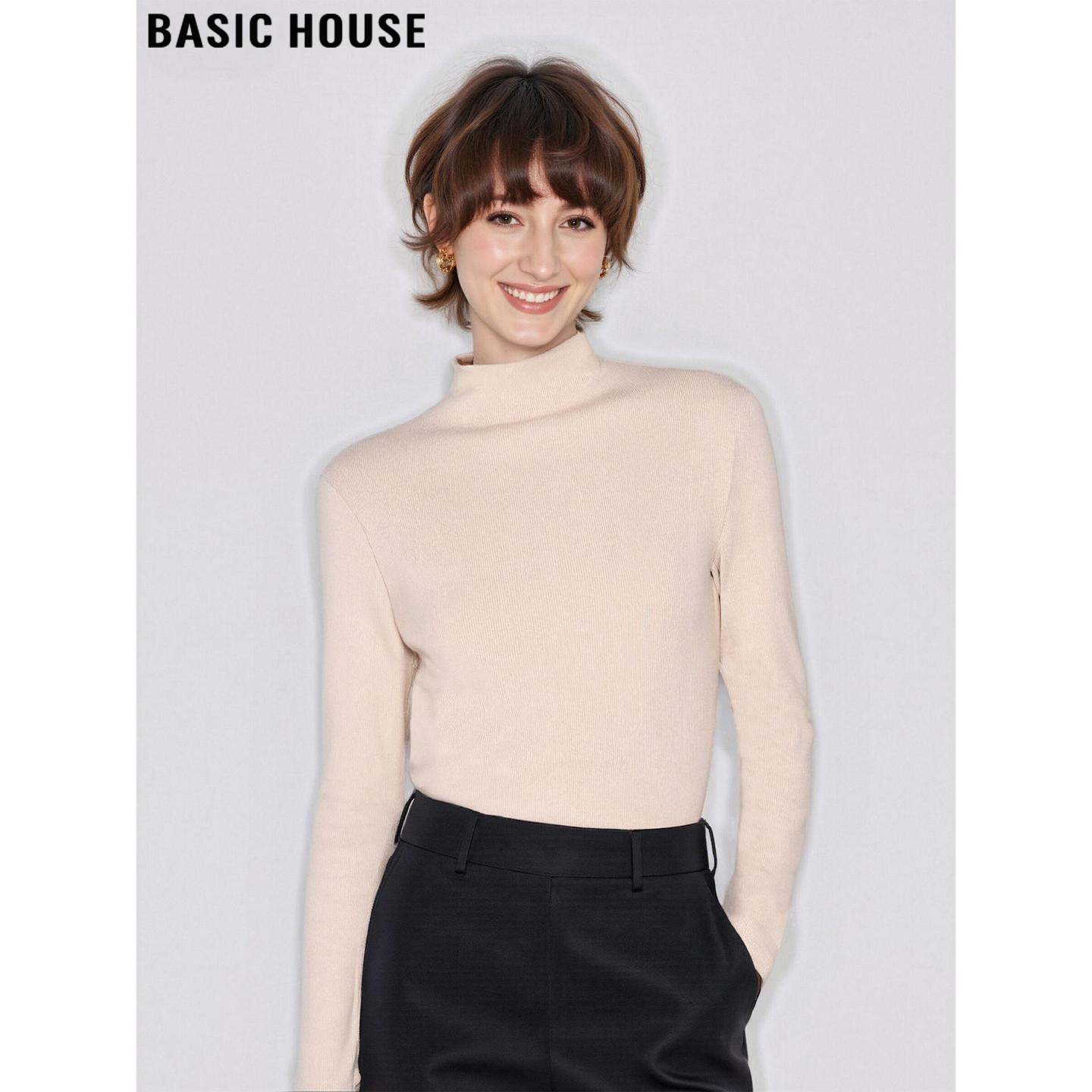 百家好简约杏色半高领加绒打底衫