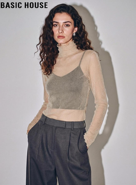 Basic House/百家好杏色半高领网纱打底衫女2026春季新款微透上衣