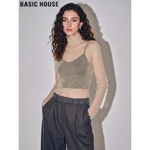 Basic House/百家好杏色半高领网纱打底衫女2026春季新款微透上衣