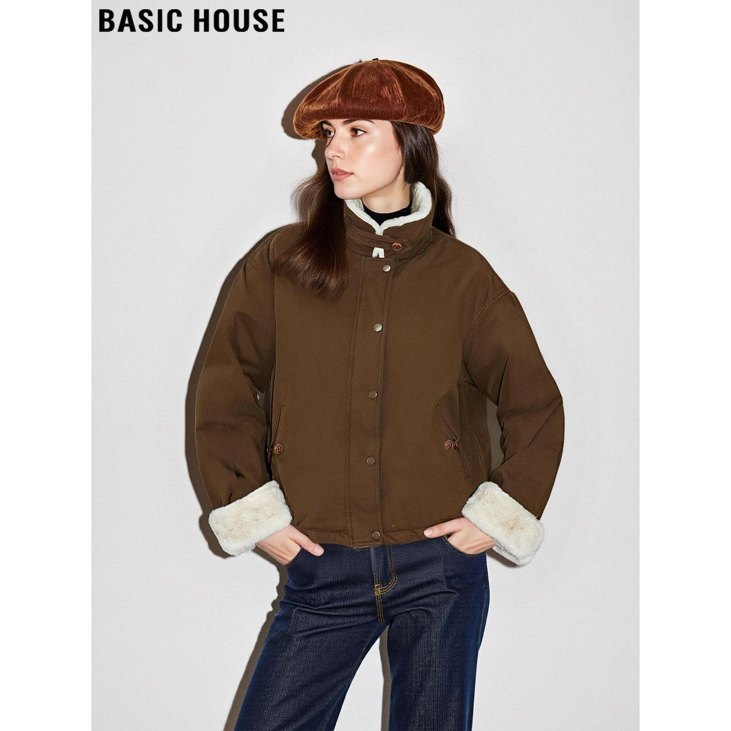 Basic House/百家好美拉德咖色立领棉服外套女士冬季加绒保暖棉衣