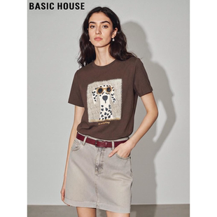 新款 Basic T恤女2026夏季 百家好咖色卡通印花短袖 圆领上衣 House