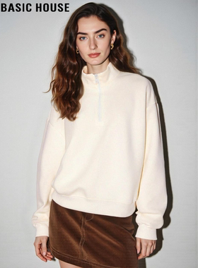 Basic House/百家好白色半高领半拉链加厚卫衣女冬季套头慵懒上衣