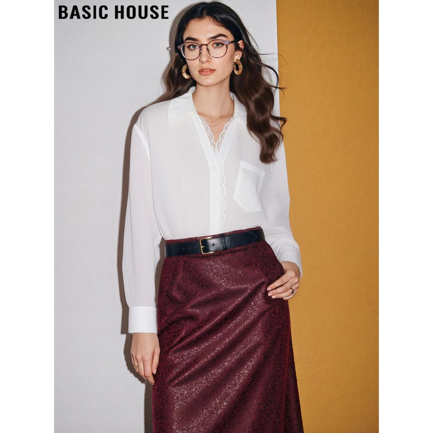 Basic House/百家好白色蕾丝拼接V领衬衫女2026春季新款气质小衫,女装/女士精品,衬衫,淘宝优惠券,粉丝福利购,淘宝优惠卷