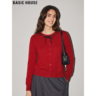 Basic House/百家好红色针织开衫女2026春季新款洋气蝴蝶结小上衣