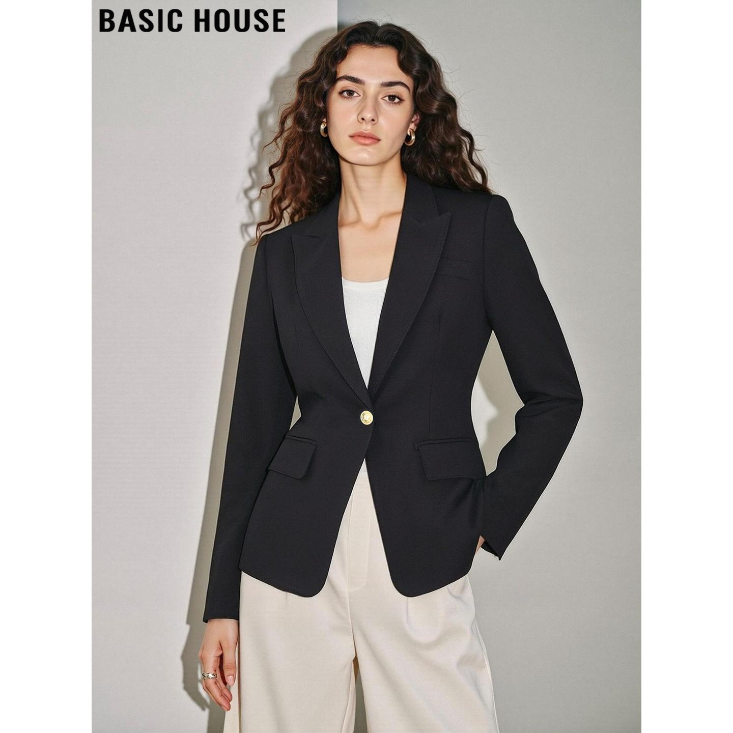Basic House/百家好黑色V领西装女士2026春季新款小个子西服外套