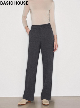 Basic House/百家好灰色毛呢西装裤女冬季通勤百搭加绒加厚直筒裤