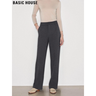 Basic House/百家好灰色毛呢西装裤女冬季通勤百搭加绒加厚直筒裤