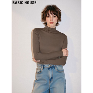 打底衫 Basic 优雅气质修身 百家好深咖色半高领T恤女士春季 House