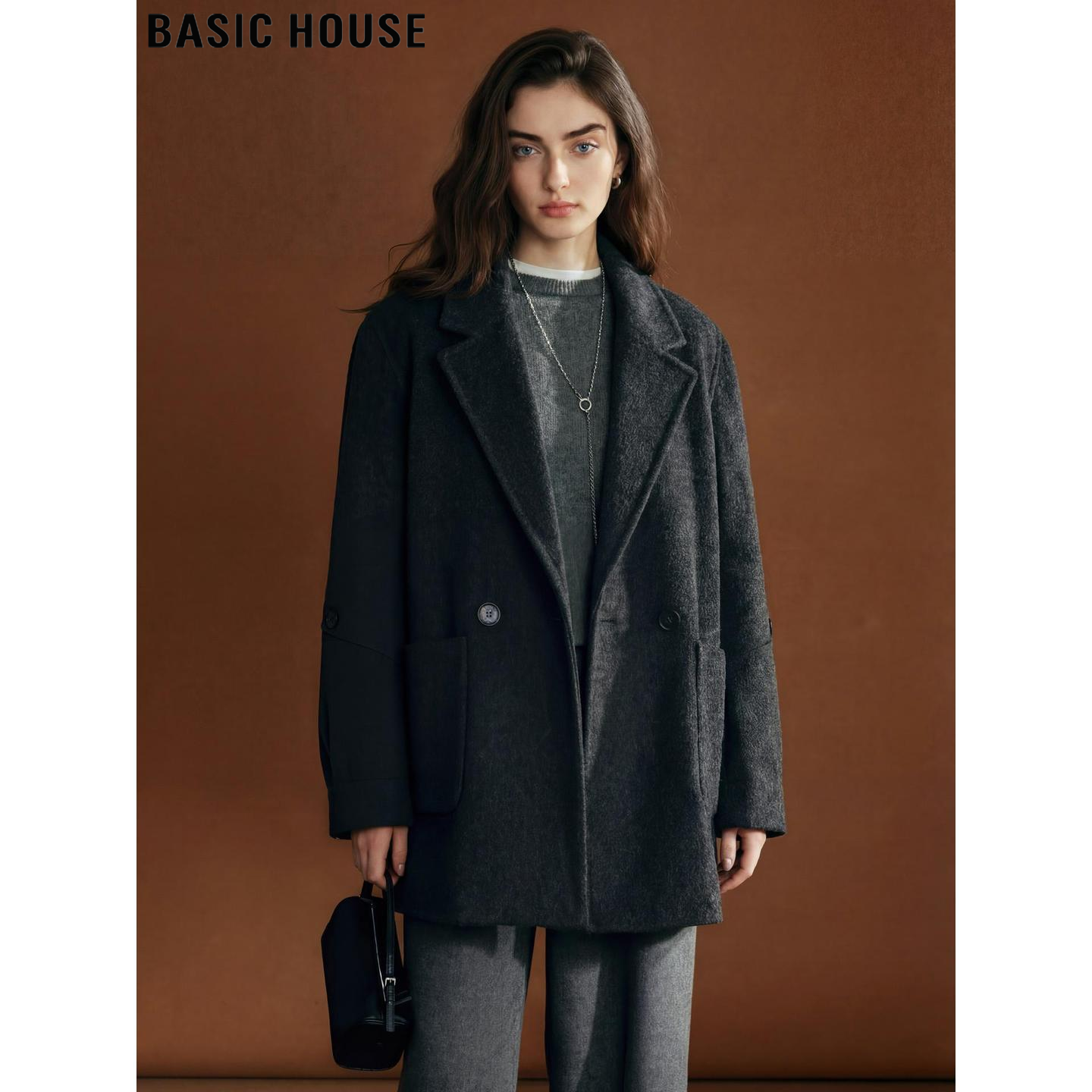 Basic House/百家好高级感灰色毛呢外套女冬季中长款羊毛呢子大衣,女装/女士精品,毛呢外套,淘宝优惠券,粉丝福利购,淘宝优惠卷