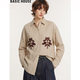 女夏季 百家好高级感刺绣亚麻衬衫 薄款 翻领长袖 Basic 防晒衫 House