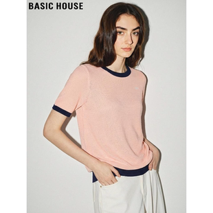Basic House/百家好粉红色冰丝针织短袖女士夏季薄款圆领半袖上衣