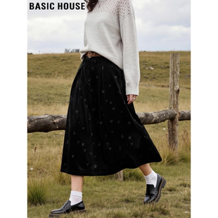 新款 百家好黑色丝绒蝴蝶半身裙女2026春季 高腰A字裙 House Basic