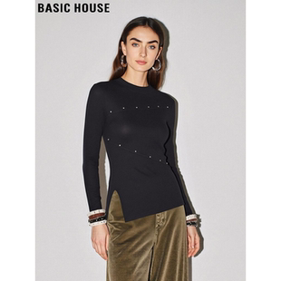 House 圆领打底衫 百家好设计感钉珠长袖 开叉修身 T恤女春季 Basic