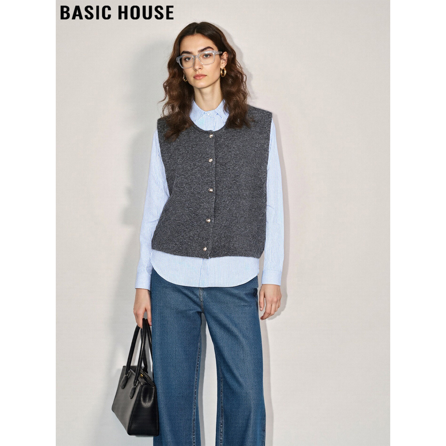 百家好复古灰色针织马甲叠穿背心