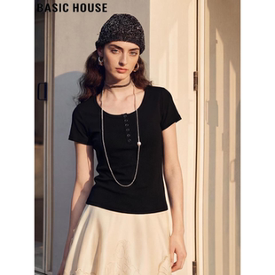 休闲风百搭短袖 百家好黑色圆领单排扣T恤女夏季 上衣 House Basic
