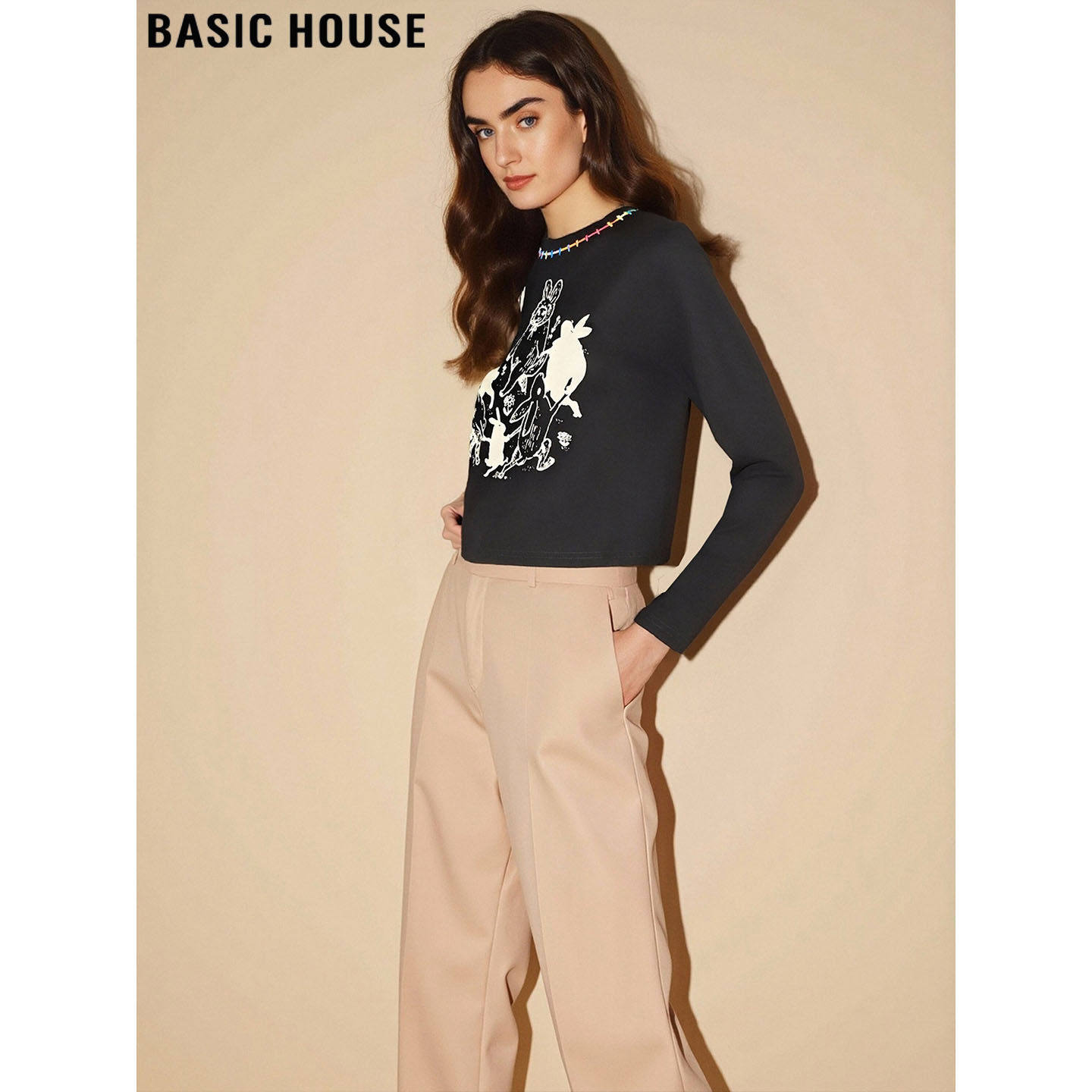 Basic House/百家好深灰色印花短款长袖T恤女2026春季新款打底衫,女装/女士精品,T恤,淘宝优惠券,粉丝福利购,淘宝优惠卷