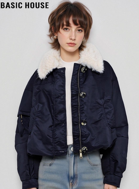 Basic House/百家好藏青色毛毛翻领短款羽绒外套女冬加厚保暖夹克