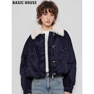 Basic House/百家好藏青色毛毛翻领短款羽绒外套女冬加厚保暖夹克