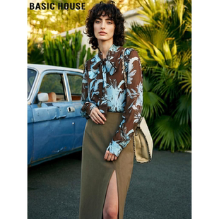 House 系带长袖 百家好复古风印花雪纺衫 新款 衬衣 女2026春季 Basic