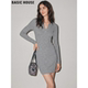 House 百家好灰色V领针织连衣裙女2026春季 新款 Basic 修身 打底裙