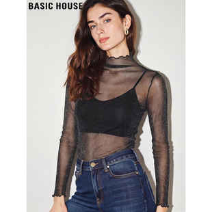 新款 Basic 女2026春季 百家好性感微透蕾丝打底衫 细闪薄纱衣 House
