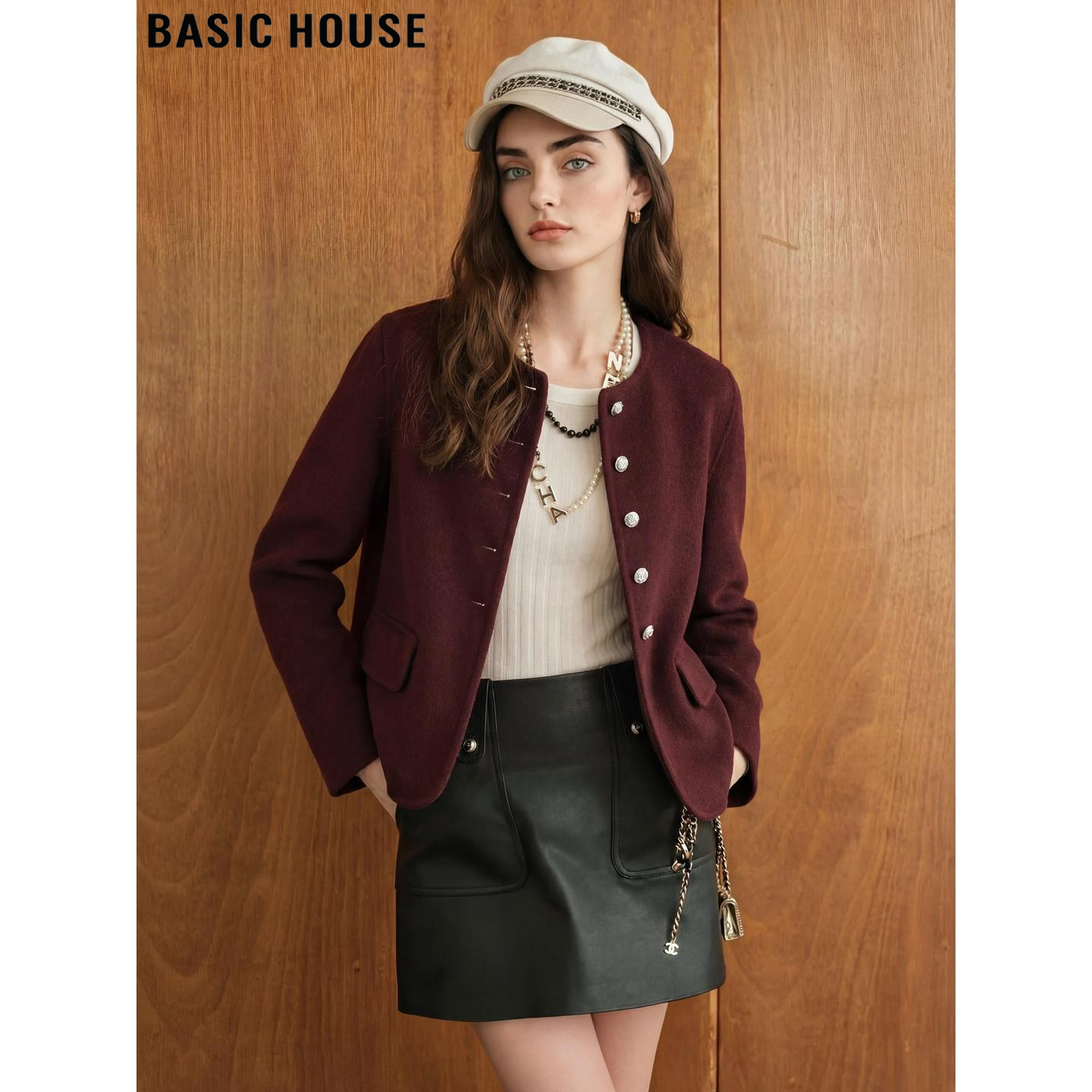 Basic House/百家好红色圆领毛呢外套女冬复古短款小个子羊毛上衣,女装/女士精品,毛呢外套,淘宝优惠券,粉丝福利购,淘宝优惠卷