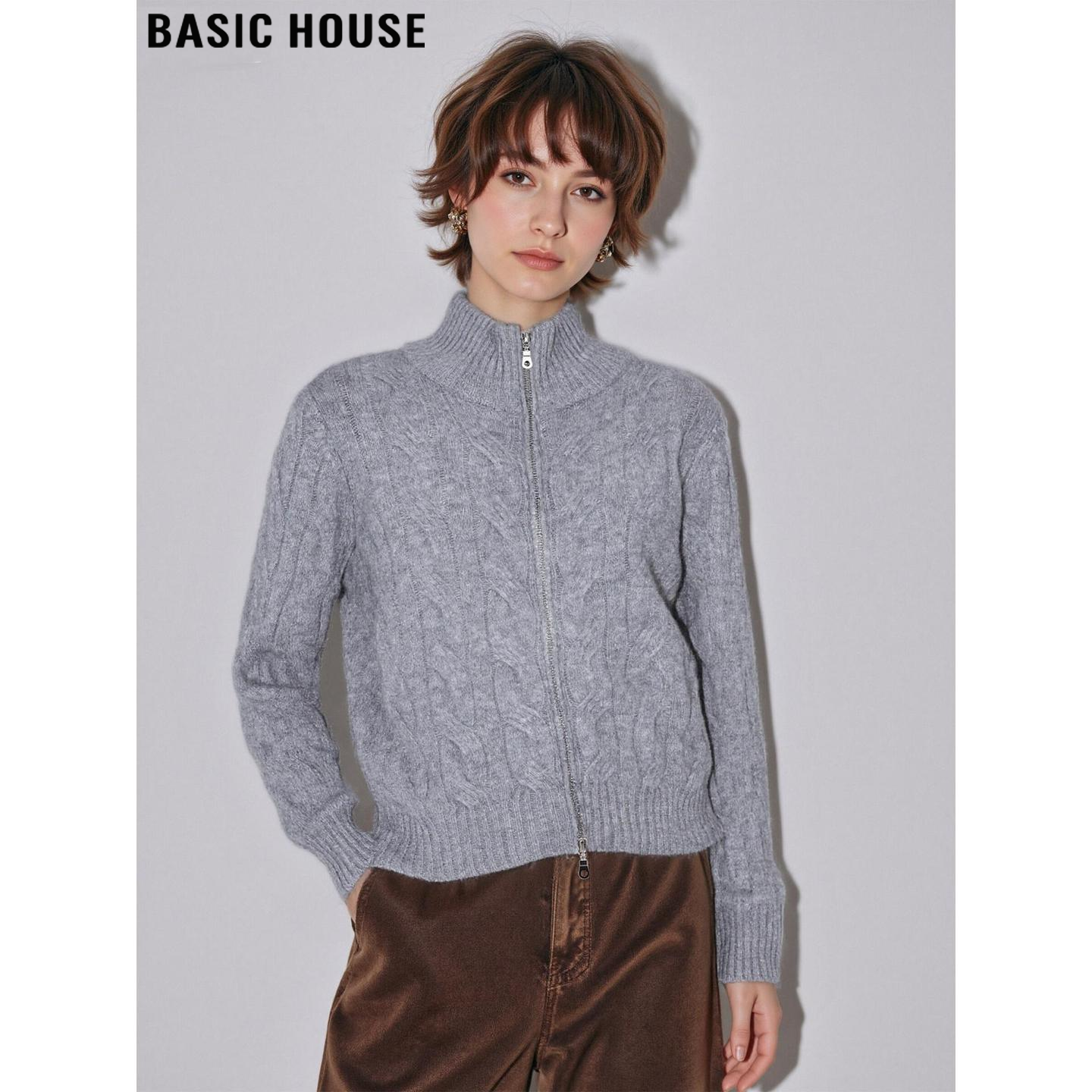 百家好100%羊毛灰色立领针织开衫