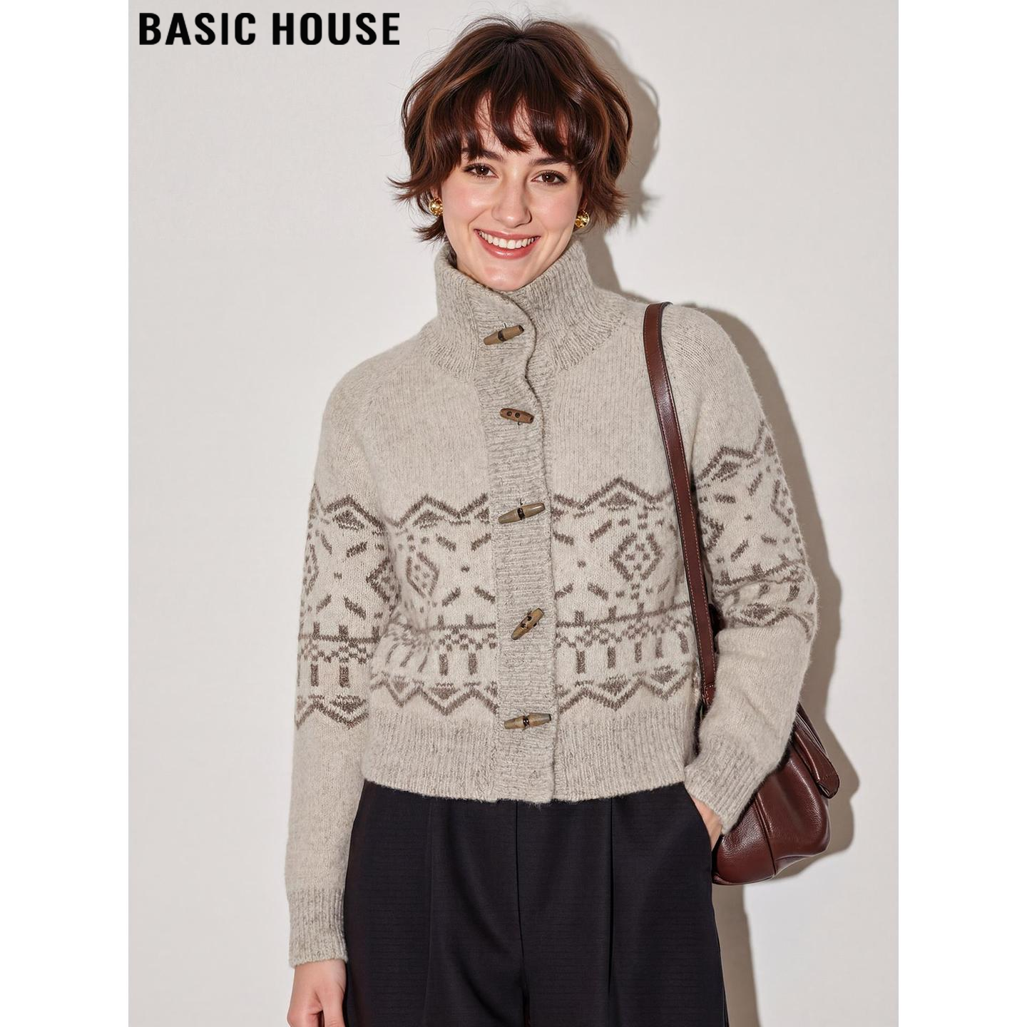 Basic House/百家好费尔岛毛衣开衫女2026春季新款复古提花短上衣,女装/女士精品,毛针织衫,淘宝优惠券,粉丝福利购,淘宝优惠卷