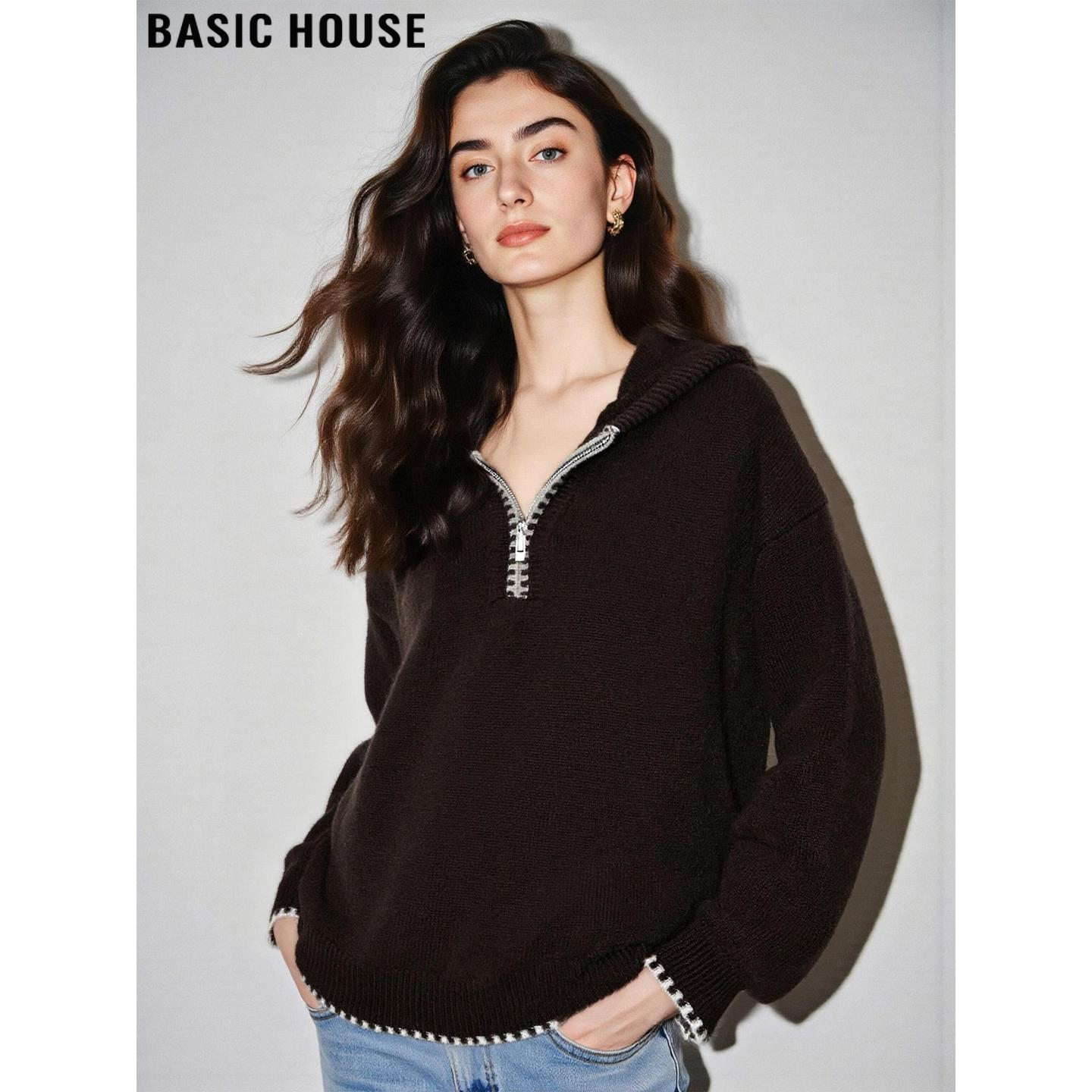 Basic House/百家好咖色半拉链连帽羊绒衫女冬美拉德羊毛针织卫衣,女装/女士精品,羊绒衫,淘宝优惠券,粉丝福利购,淘宝优惠卷