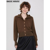 百家好美拉德咖色100%羊毛针织开衫 Basic House 女冬软糯毛衣外套