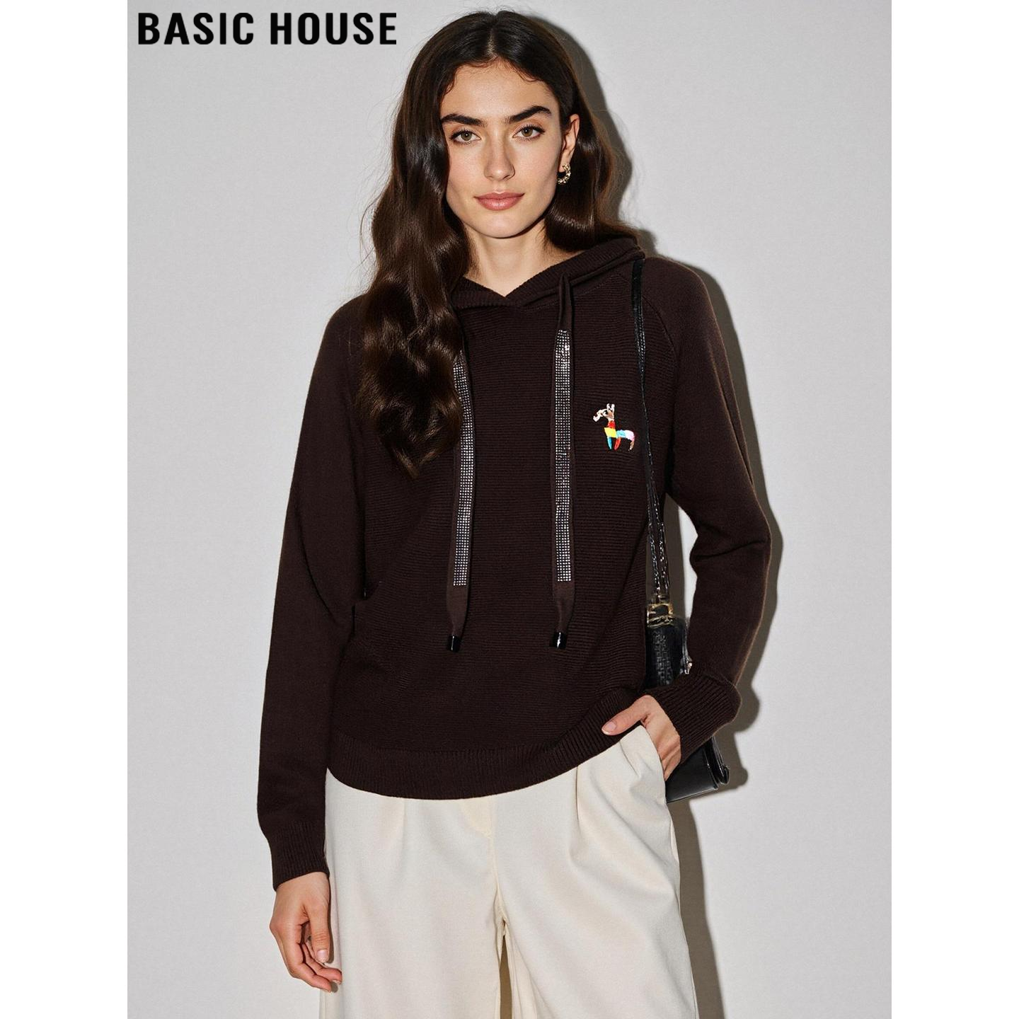 咖色连帽针织卫衣宽松毛衣外套女