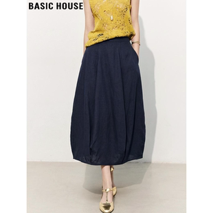 高腰显瘦花苞中长裙 百家好复古亚麻天丝半身裙女春季 Basic House