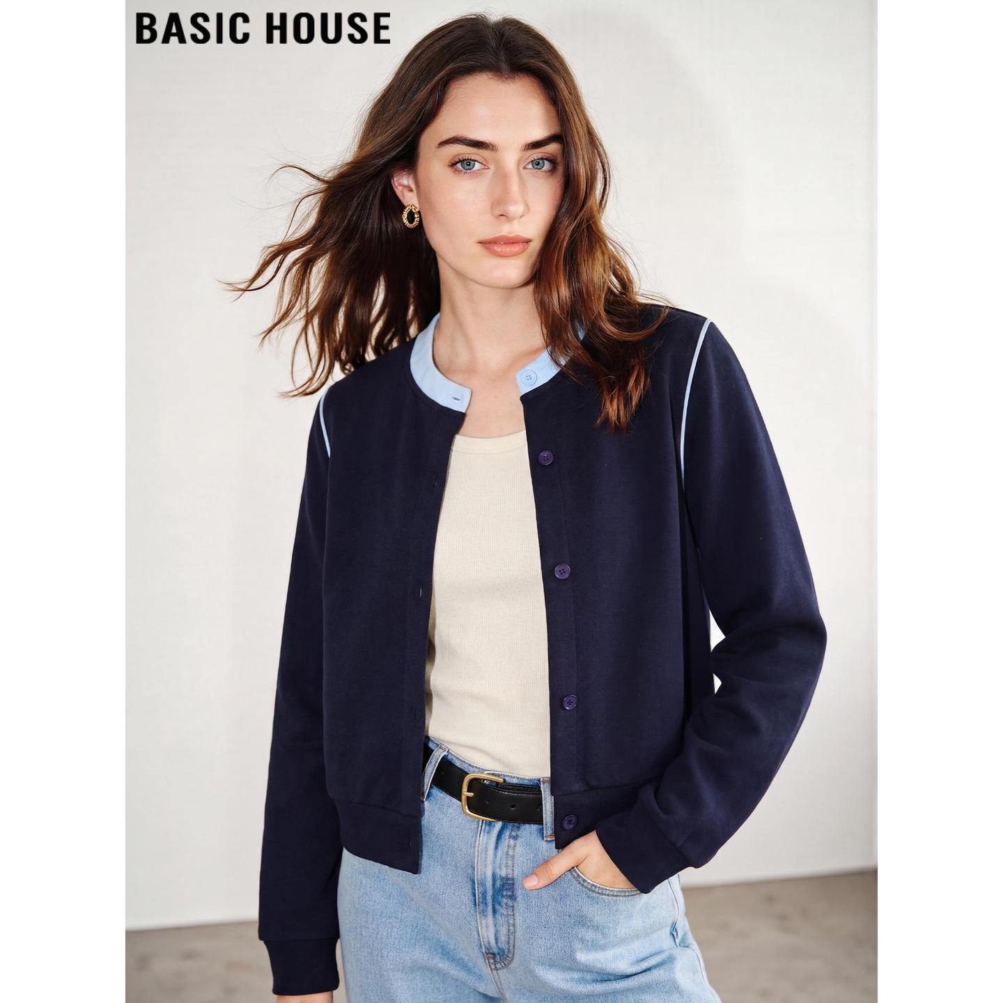 Basic House/百家好美式撞色棒球服夹克女2026春季新款圆领短外套,女装/女士精品,卫衣/绒衫,淘宝优惠券,粉丝福利购,淘宝优惠卷