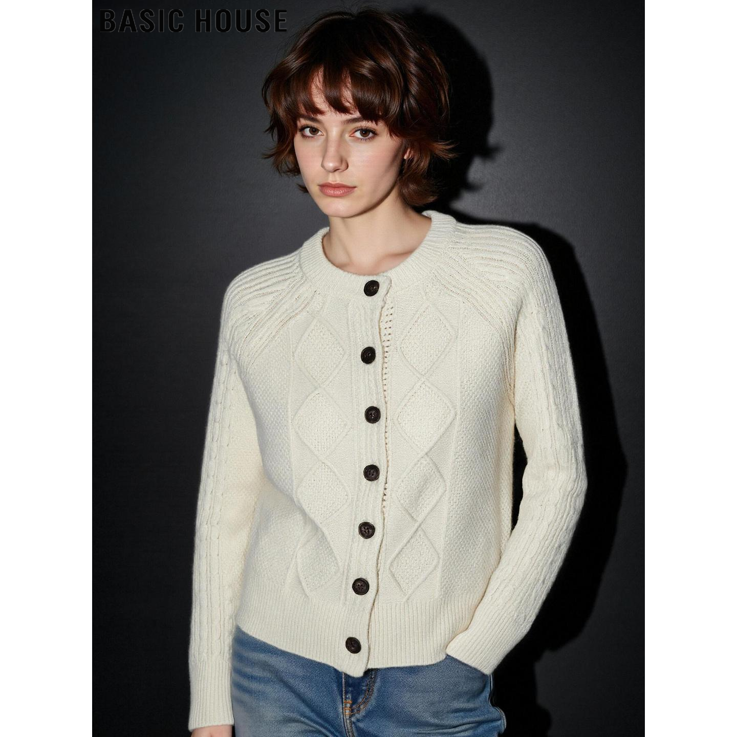 杏色圆领针织开衫羊毛毛衣外套女